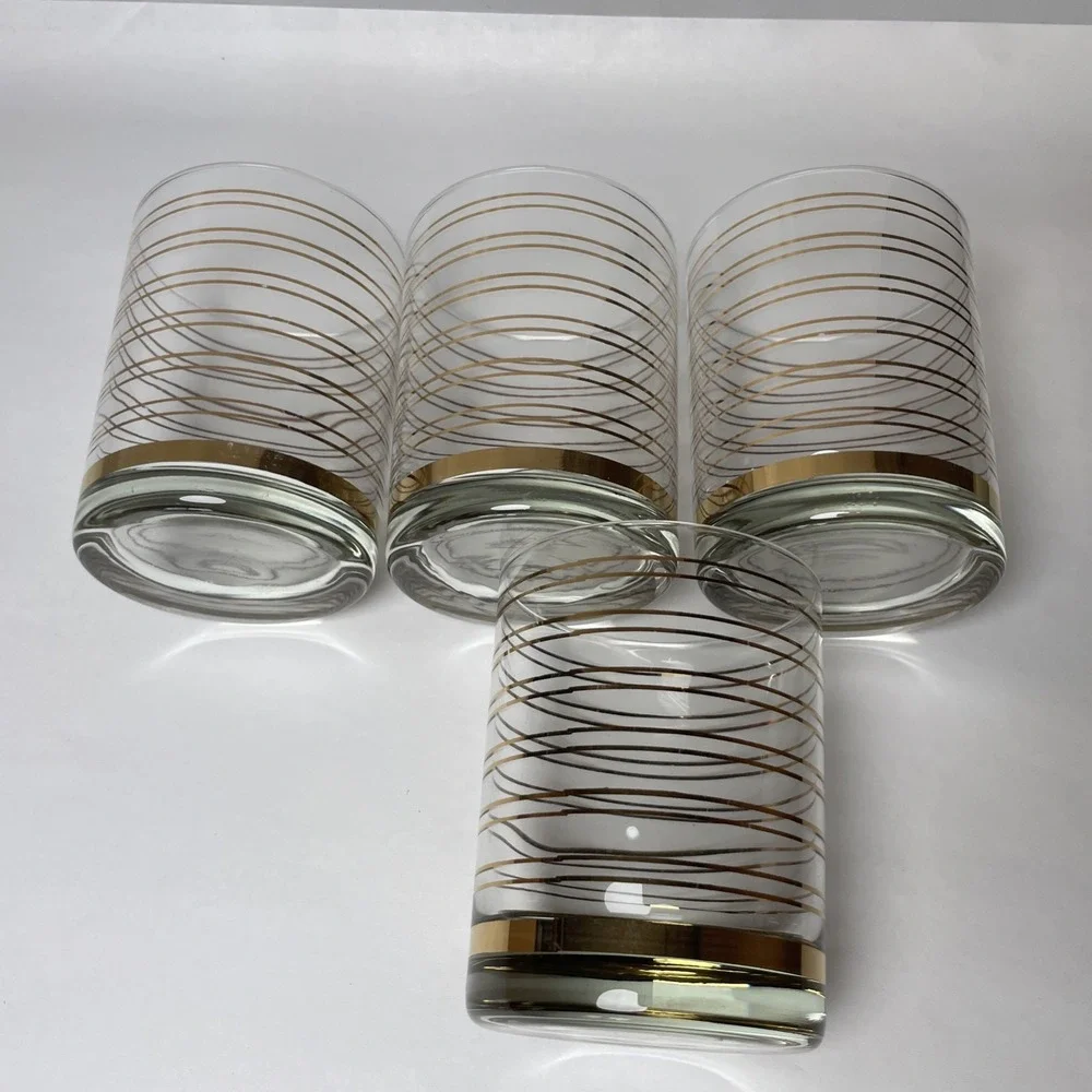 Shelton Ware On the Rocks Glasses Set of 4 Clear w/ Gold Stripe 80's Vintage Bar